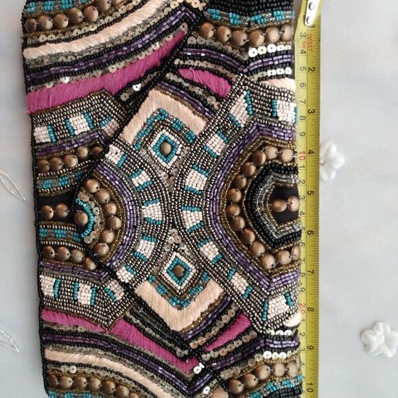 EUC Multicolored Handmade India Glass Beaded Boho Cotton & Leather Snap Clutch - Picture 12 of 13